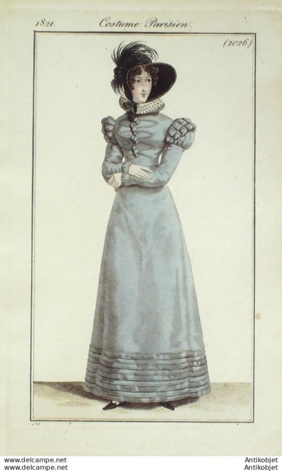 Gravure de mode Costume Parisien 1821 n°2026c Robe de Mérinos  corsage garni