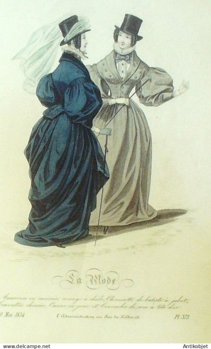 Gravure La mode 1834 # 373 (aquarelle old Fashion plate) Amazones