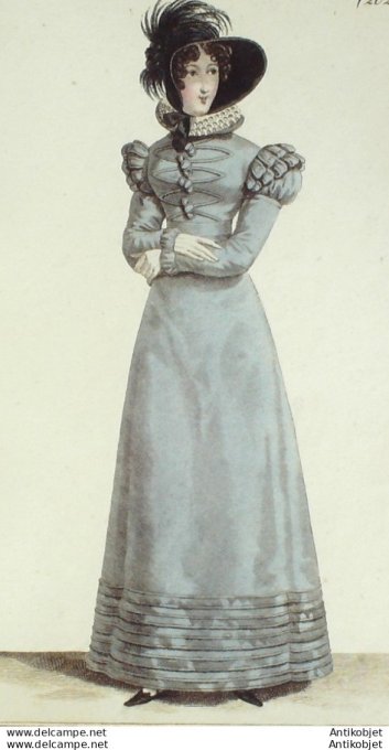 Gravure de mode Costume Parisien 1821 n°2026c Robe de Mérinos  corsage garni