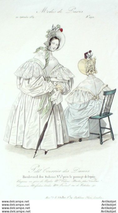 Gravure Mode Courrier des Dames 1833 # 1092 (eau forte old Fashion plate)