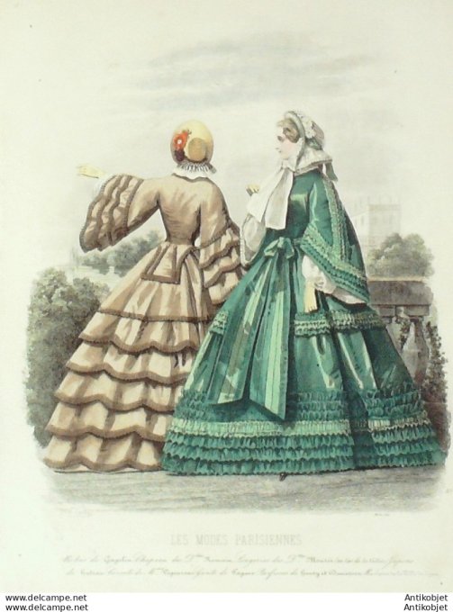 Gravure Les Modes Parisiennes 1859 # 854 Robes satin Maison Gagelin