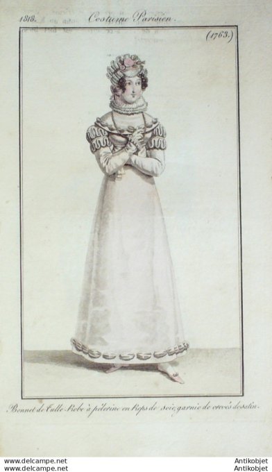 Gravure de mode Costume Parisien 1818 n°1763 Robe à pélerine en reps de soie