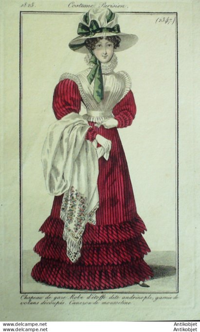 Gravure de mode Costume Parisien 1825 n°2347 Robe d'étoffe Andrinople canezou