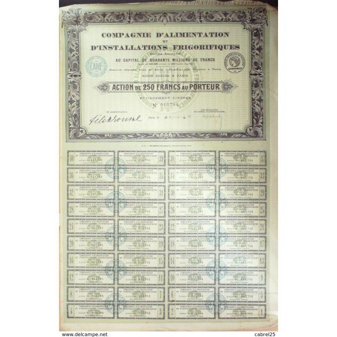 Alimentation Frigorifiques Cie Paris action 250 Fr 1920