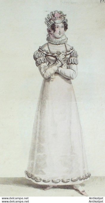 Gravure de mode Costume Parisien 1818 n°1763 Robe à pélerine en reps de soie