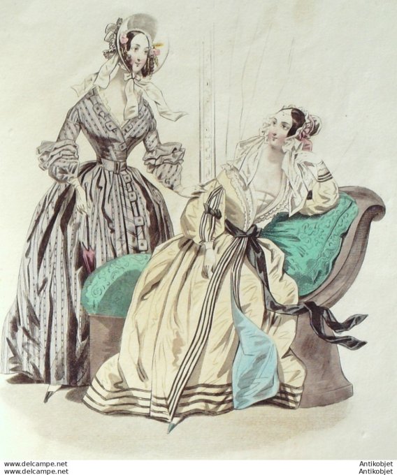 Gravure de mode Costume Parisien 1838 n°3590 Redingote Pekinet Peignoir Nankin
