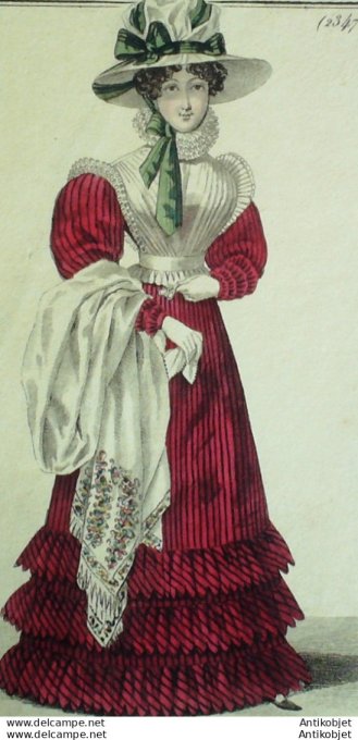Gravure de mode Costume Parisien 1825 n°2347 Robe d'étoffe Andrinople canezou