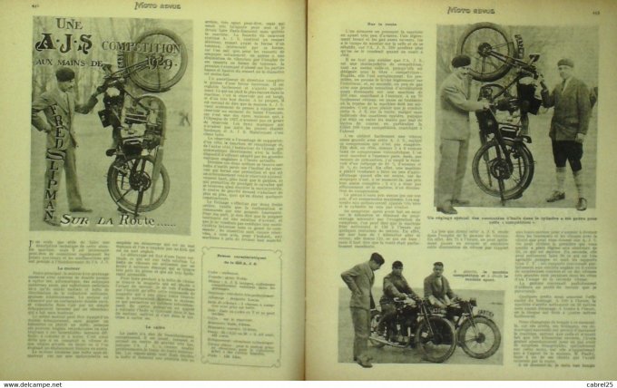 Moto Revue 1929 n° 318 Ajs Fred Slipman Cyclecar Magnéto Tansad sur 350 Machine tandem