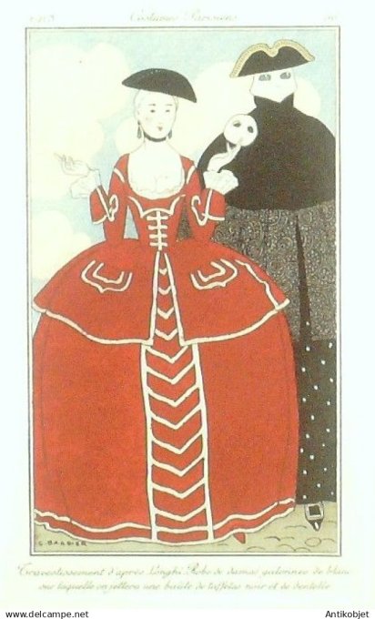 Gravure Costume Parisien 1913 # 56 Barbier George (eau forte) Travestissement de Longhi