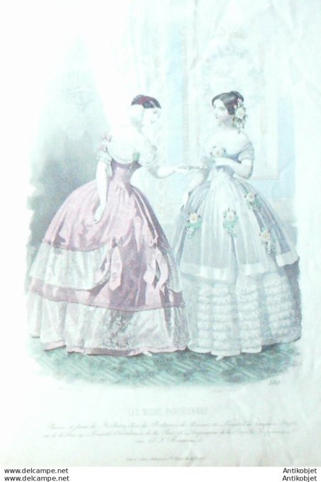 Gravure Les Modes Parisiennes 1847 # 300 Robes en dentelles Maison Josselin