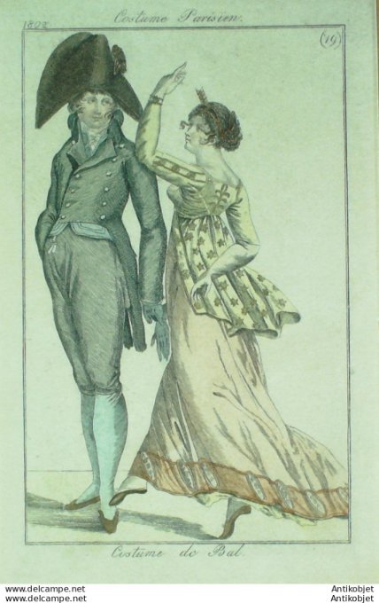 Gravure de mode Costume Parisien 1802 n° 19 (An 10) Costume de bal