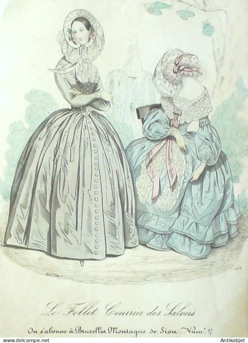 Gravure Mode Le Follet 1837 # 402 (aquarelle Old Fashion plate)