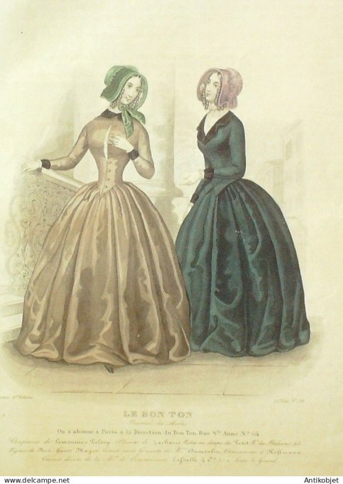 Gravure Mode Le Bon Ton 1844 # 38 (aquarelle old fashion plate)