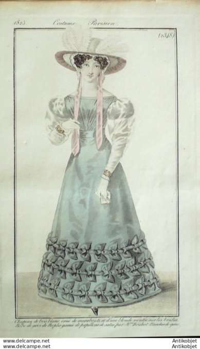 Gravure de mode Costume Parisien 1825 n°2348 Robe gros de Naples papillons