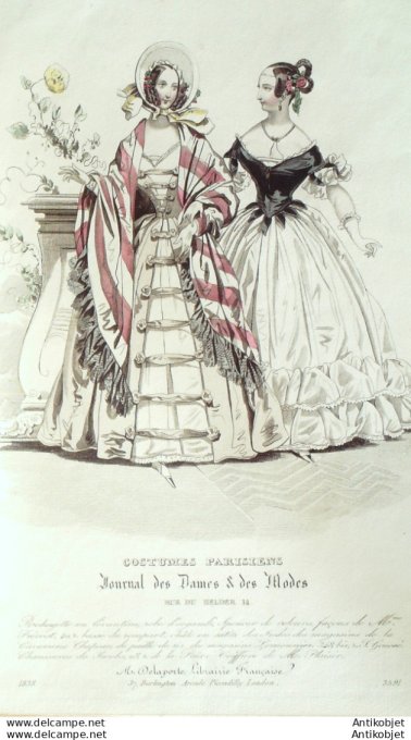 Gravure de mode Costume Parisien 1838 n°3591 Redingote Lévantine robe organdi