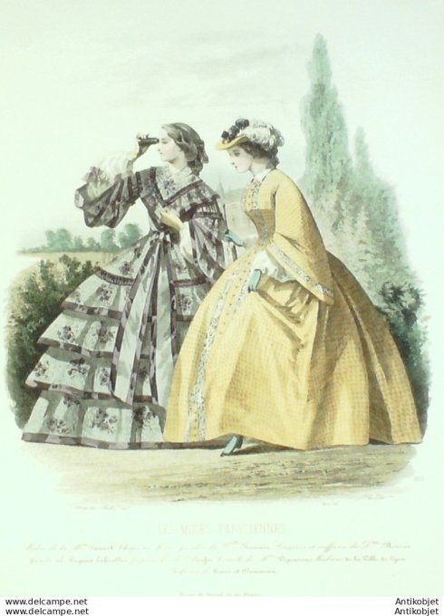 Gravure Les Modes Parisiennes 1859 # 855 Robe gros de Lyon Maison Fauvet