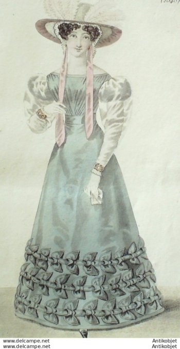 Gravure de mode Costume Parisien 1825 n°2348 Robe gros de Naples papillons