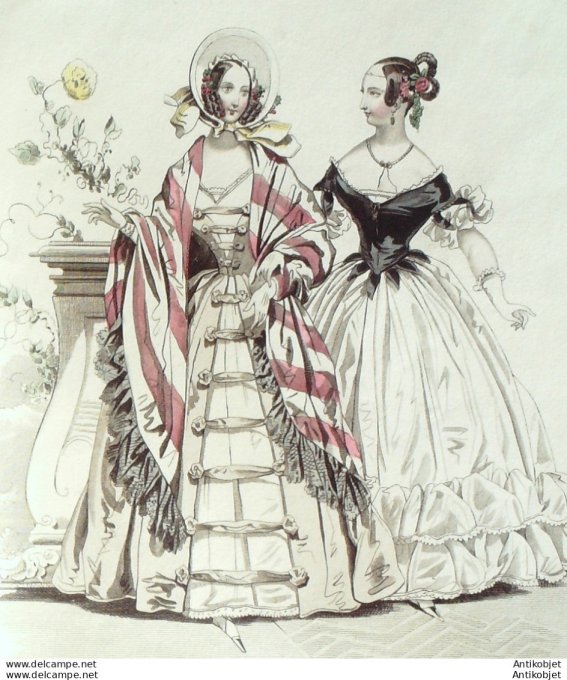 Gravure de mode Costume Parisien 1838 n°3591 Redingote Lévantine robe organdi