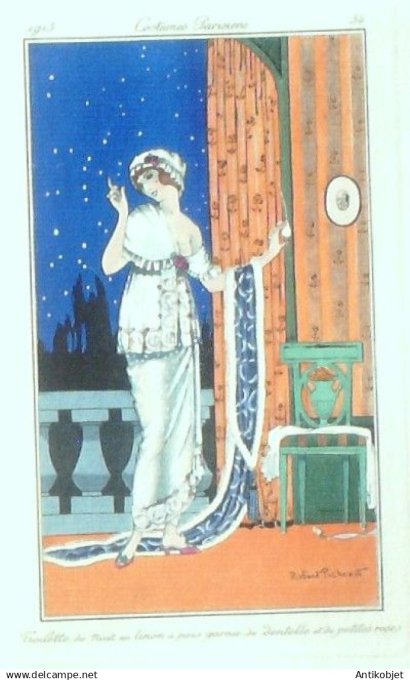Gravure Costume Parisien 1913 # 54 Pichenot (eau forte) Robe Toilette de Linon