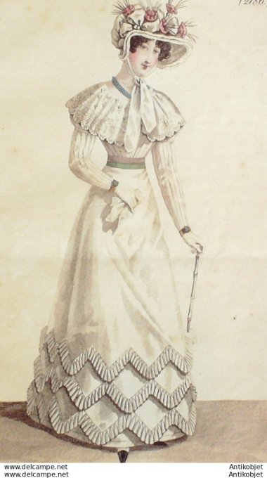 Gravure de mode Costume Parisien 1823 n°2186 Robe perkale et mousseline