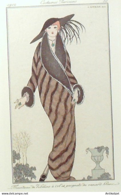 Gravure de mode Costume Parisien 1912 pl.30 BARBIER George Manteau Libetine