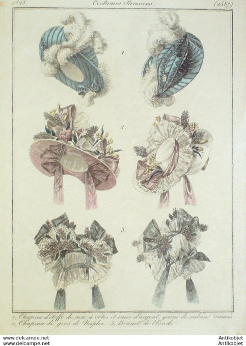 Costume Parisien 1828 # 2587 Chapeaux d'étoffe; gros de Naples