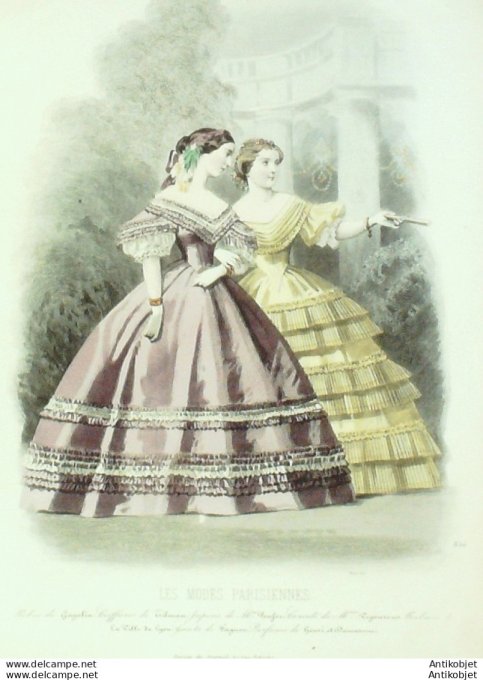 Gravure Les Modes Parisiennes 1859 # 856 Robes printanières Maison Gagelin