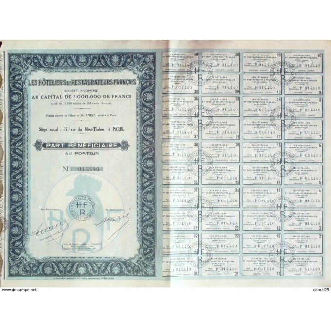 LES HOTELIERS et RESTAURATEURS FRANCAIS-ACTION-100 FR-PARIS-1934