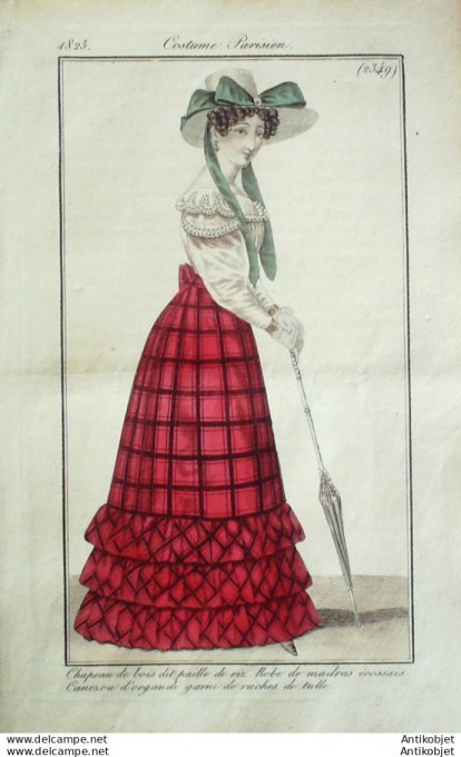 Gravure de mode Costume Parisien 1825 n°2349 Robe madras écossais canezou