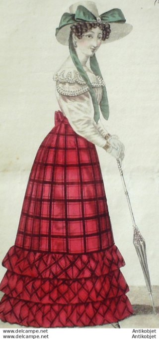 Gravure de mode Costume Parisien 1825 n°2349 Robe madras écossais canezou