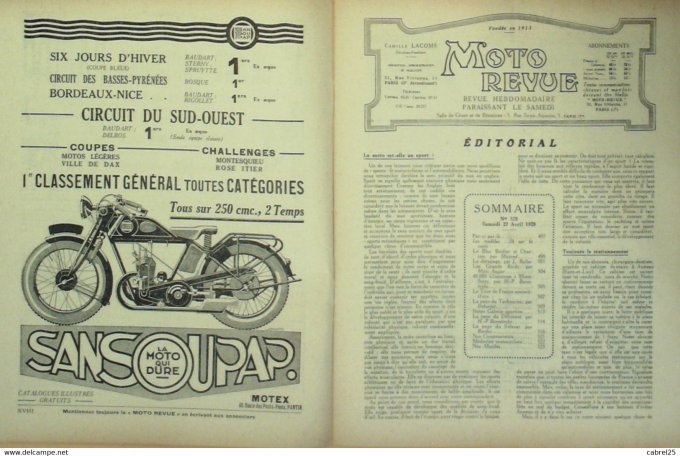 Moto Revue 1929 n° 320 Bloc Bridier Charron Maillard Brune Lynser carburation Dunelt