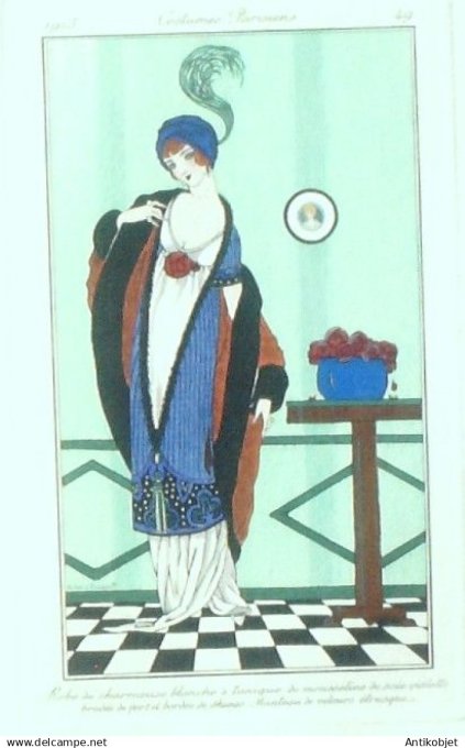Gravure Costume Parisien 1913 # 49 Pichenot (eau forte) Robe Tunique mousseline