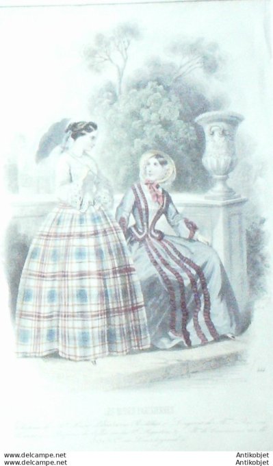 Gravure Les Modes Parisiennes 1849 # 444 Robes Maison Colas