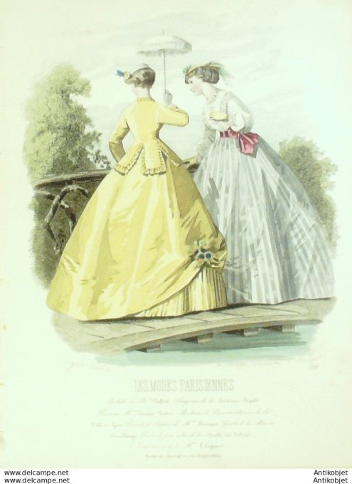 Gravure Les Modes Parisiennes 1865 #1221 Robes lin imprimé Maison Pieffort