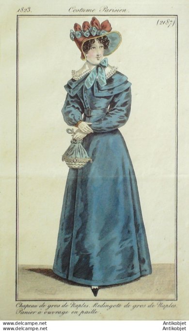 Gravure de mode Costume Parisien 1823 n°2187 Redingote gros de Naples
