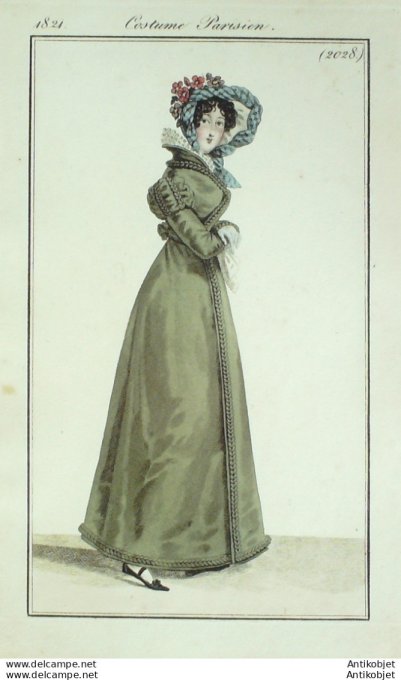Gravure de mode Costume Parisien 1821 n°2028 Redingote gros de Naples