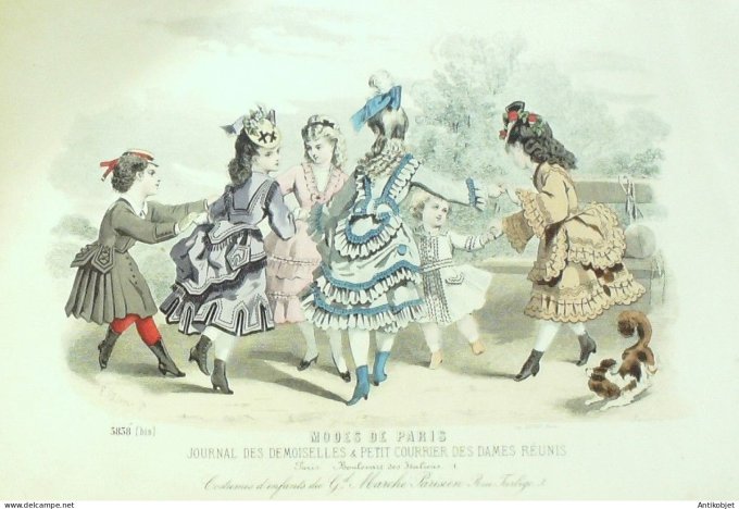 Gravure de mode Courrier des dames réunis 1851 n°3838b Costumes enfants