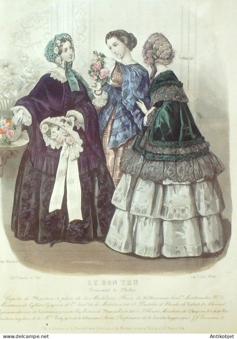 Gravure Mode Le Bon Ton 1852 19 # 21 (aquarelle old fashion plate)