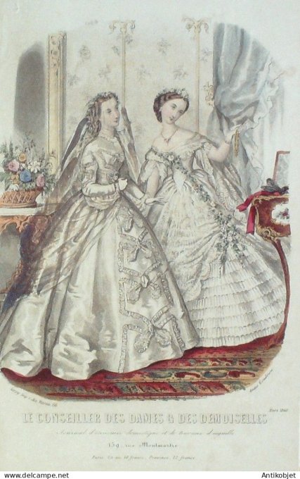 Gravure Mode Conseiller des Dames 1860 #  3 (aquarellee Old Fashion plate)