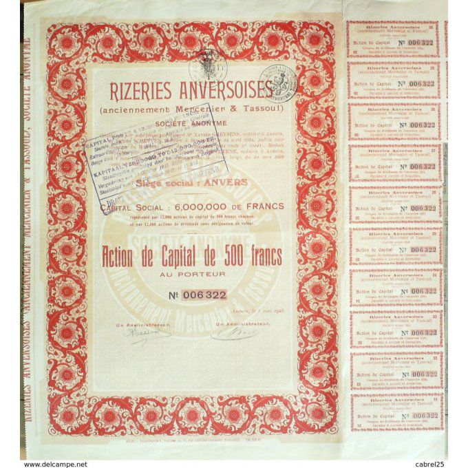 RIZERIES ANVERSOISES (MERCENIER et TASSOUL)-BELGIQUE-ACTION-500 FR-1928