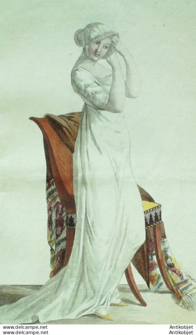 Gravure de mode Costume Parisien 1802 n° 357 (An 10) Bonnet du matin en dentelle