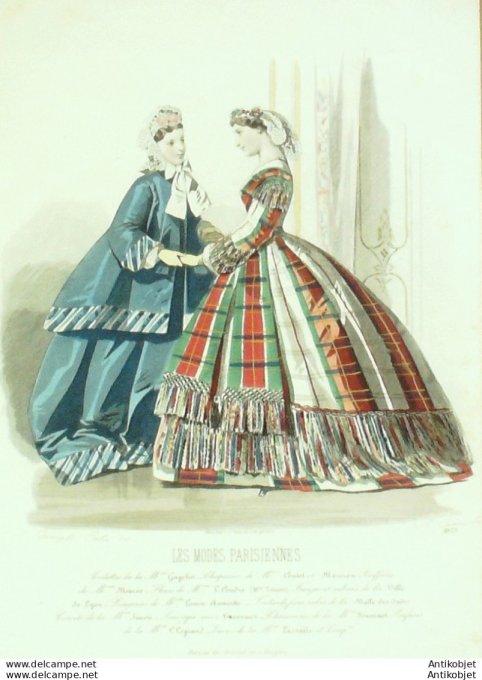 Gravure Les Modes Parisiennes 1863 #1073 Robe en madras Maison Cagelin
