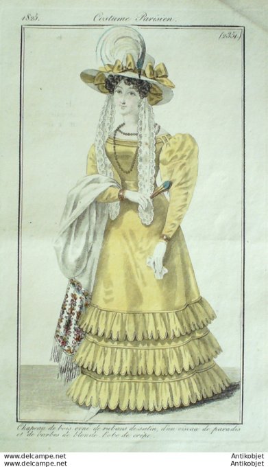 Costume Parisien 1825 # 2351 Robe de crêpe  chapeau de bois