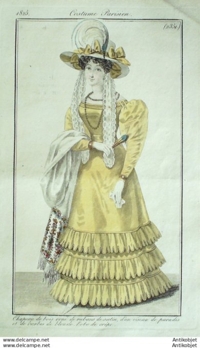 Gravure de mode Costume Parisien 1825 n°2351 Robe de crêpe  chapeau de bois