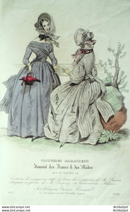 Gravure de mode Costume Parisien 1838 n°3594 Costume de voyage en étoffe