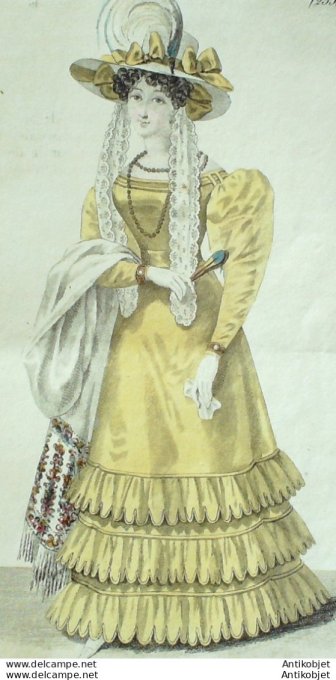 Gravure de mode Costume Parisien 1825 n°2351 Robe de crêpe  chapeau de bois
