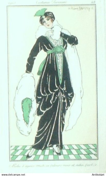 Gravure Costume Parisien 1913 # 48 Dammy (eau forte) Robe satin de loisirs