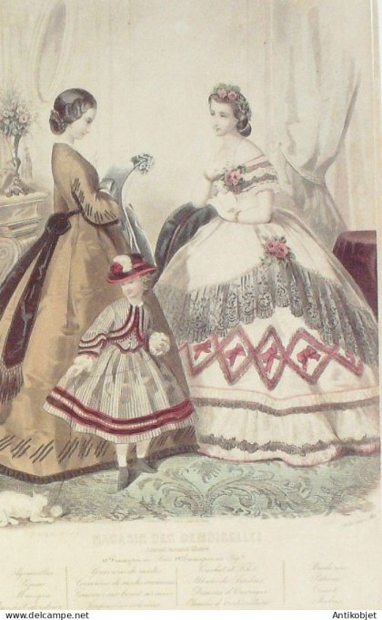 Gravure Mode Magasin Demoiselles 1862 # 12 (aquarellee Old Fashion plate)