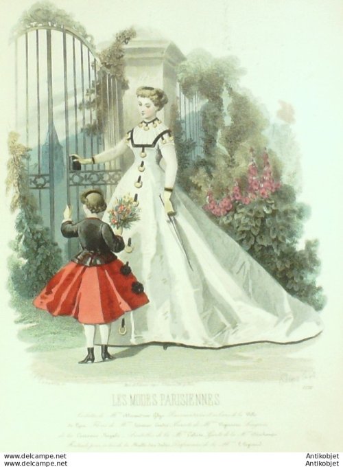 Gravure Les Modes Parisiennes 1865 #1222 Robe gros de Lyon Maison Ghys