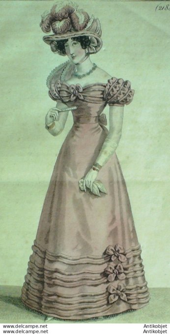 Gravure de mode Costume Parisien 1823 n°2188 Robe de tulle et rouleaux de satin